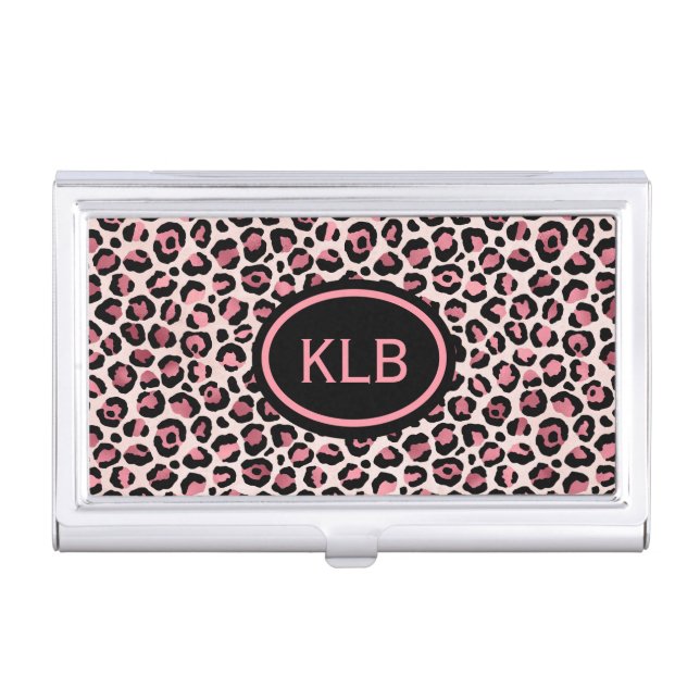 Monogrammed Pink Black Leopard Animal Print Business Card Case (Front)