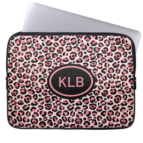 Monogrammed Pink Black Leopard Animal Print Laptop Sleeve