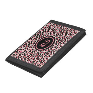 Monogrammed Pink Black Leopard Animal Print Tri-fold Wallet