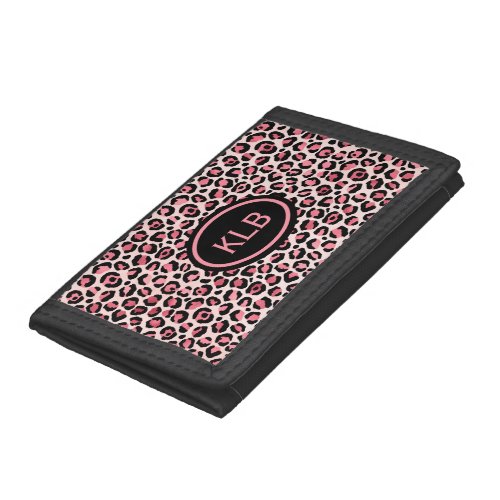 Monogrammed Pink Black Leopard Animal Print Trifold Wallet