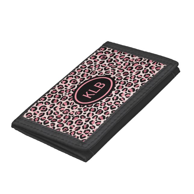 Monogrammed Pink Black Leopard Animal Print Trifold Wallet (Bottom)