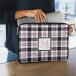 Monogrammed Pink Black Plaid Pattern Laptop Sleeve<br><div class="desc">This personalized laptop sleeve features a modern tartan (plaid) pattern with stripes in white,  reddish pink and black and a framed monogram in matching colors.</div>