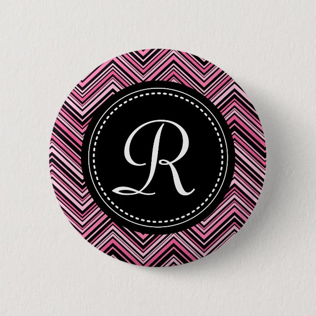 Monogrammed Pink Black Tribal Chevron Pattern Button (Front)