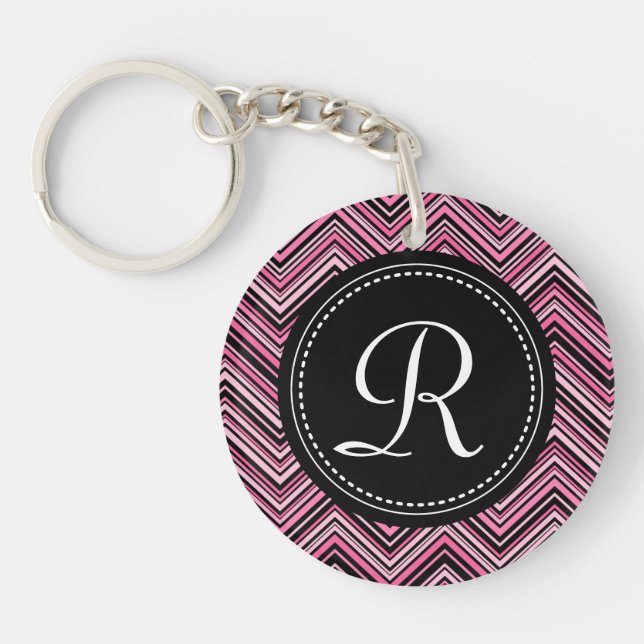 Monogrammed Pink Black Tribal Chevron Pattern Keychain (Front)