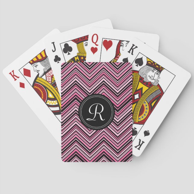 Monogrammed Pink Black Tribal Chevron Pattern Poker Cards (Back)