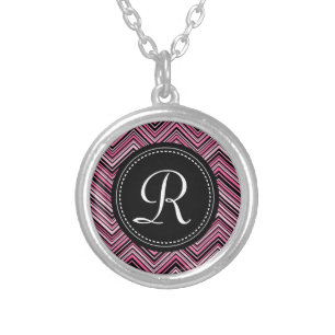 Monogrammed Pink Black Tribal Chevron Pattern Silver Plated Necklace