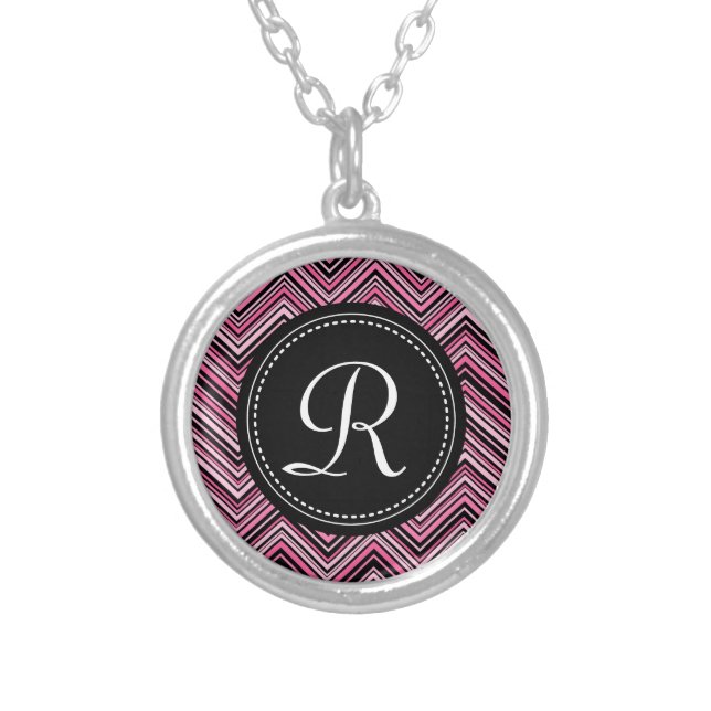 Monogrammed Pink Black Tribal Chevron Pattern Silver Plated Necklace (Front)