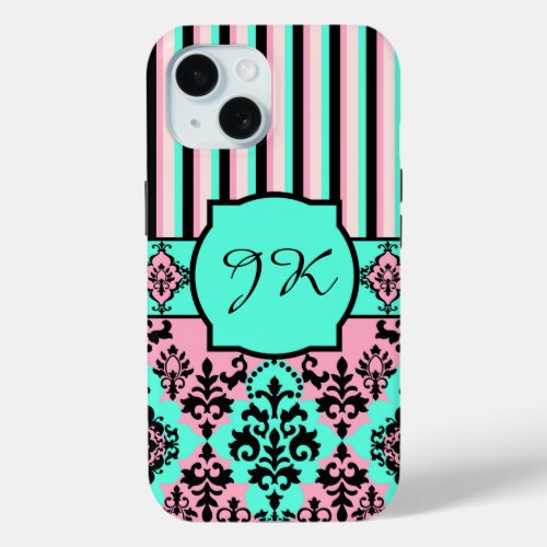 Monogrammed Pink Black Turquoise Striped Damask iPhone 15 Case