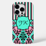 Monogrammed Pink, Black, Turquoise Striped Damask Case-Mate iPhone 14 Pro Case