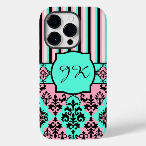 Monogrammed Pink Black Turquoise Striped Damask Case_Mate iPhone 14 Pro Case