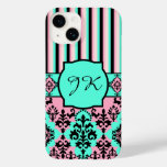 Monogrammed Pink, Black, Turquoise Striped Damask Case-Mate iPhone 14 Case