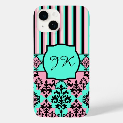 Monogrammed Pink Black Turquoise Striped Damask Case_Mate iPhone 14 Case