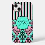 Monogrammed Pink, Black, Turquoise Striped Damask Case-Mate iPhone 14 Plus Case