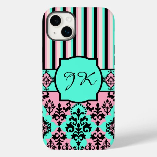 Monogrammed Pink Black Turquoise Striped Damask Case_Mate iPhone 14 Plus Case