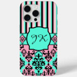 Monogrammed Pink, Black, Turquoise Striped Damask iPhone 15 Pro Max Case