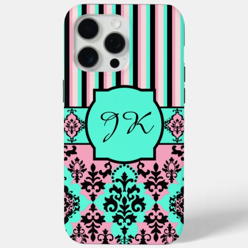 Monogrammed Pink Black Turquoise Striped Damask iPhone 15 Pro Max Case