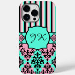 Monogrammed Pink, Black, Turquoise Striped Damask Case-Mate iPhone 14 Pro Max Case
