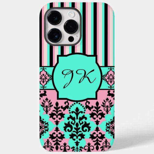 Monogrammed Pink Black Turquoise Striped Damask Case_Mate iPhone 14 Pro Max Case