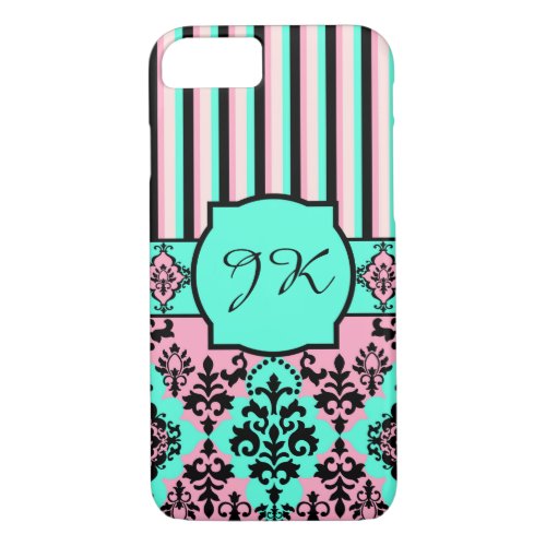 Monogrammed Pink Black Turquoise Striped Damask iPhone 87 Case