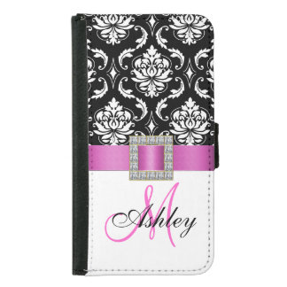 Monogrammed Pink Black White Damask Ribbon Wallet Phone Case For Samsung Galaxy S5
