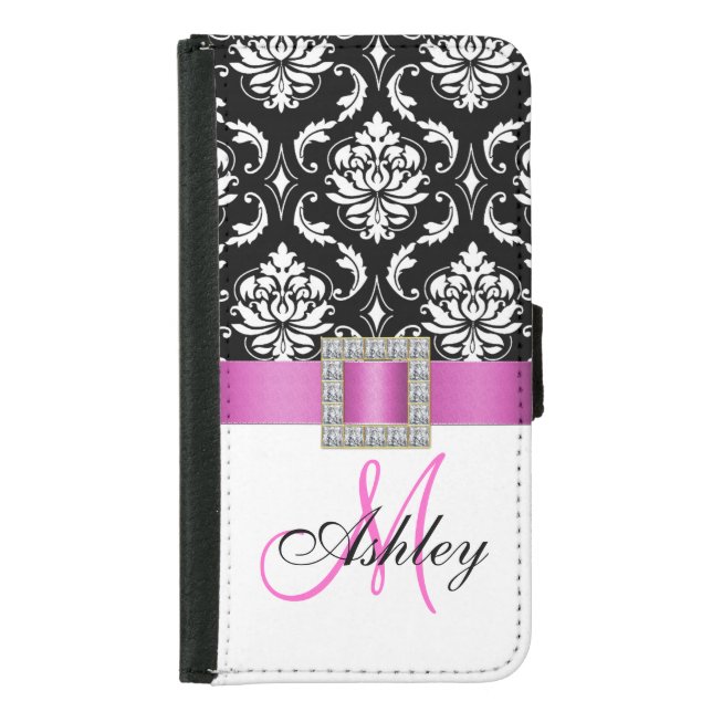 Monogrammed Pink Black White Damask Ribbon Samsung Galaxy Wallet Case (Front)