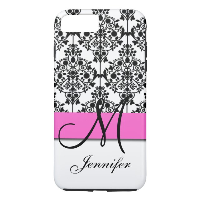 Monogrammed Pink Black White Floral Damask Case-Mate iPhone Case (Back)