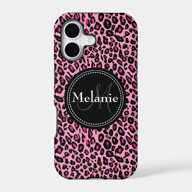 Monogrammed Pink Black White Leopard Pattern Iphone Case (Back)