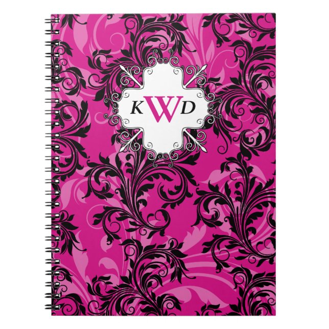Monogrammed Pink Black White Scrolls Notebook (Front)