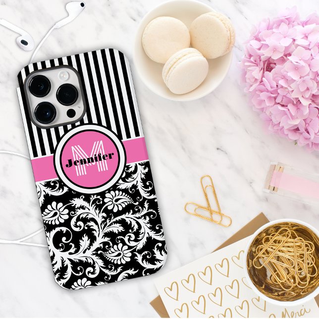 Monogrammed Pink, Black, White Striped Damask Case (Creator Uploaded)