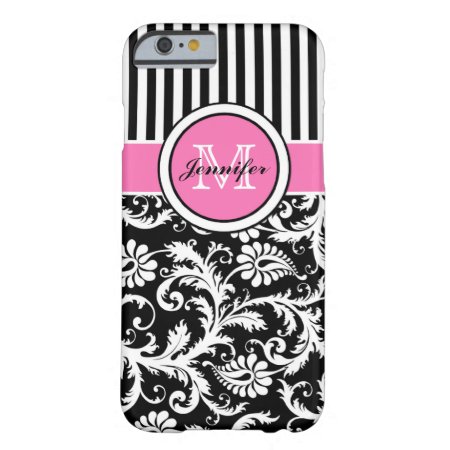 Monogrammed Pink, Black, White Striped Damask Barely There Iphone 6 Ca