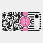 Monogrammed Pink, Black, White Striped Damask Case-Mate iPhone Case (Back (Horizontal))