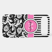 Monogrammed Pink, Black, White Striped Damask Case-Mate iPhone Case (Back (Horizontal))