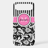 Monogrammed Pink, Black, White Striped Damask Case-Mate iPhone Case (Back)