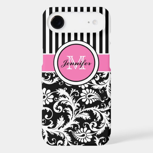 Monogrammed Pink, Black, White Striped Damask Case-Mate iPhone Case (Back)