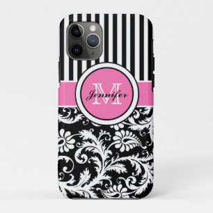 Monogrammed Pink, Black, White Striped Damask iPhone 11 Pro Case