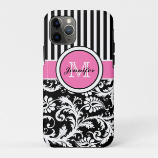 Monogrammed Pink, Black, White Striped Damask iPhone 11 Pro Case