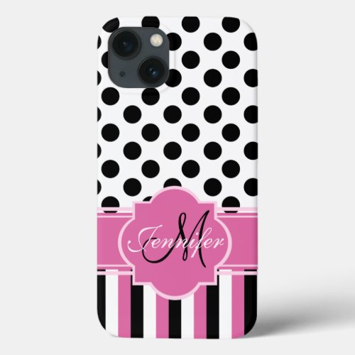 Monogrammed Pink Black White Striped  Dots iPhone 13 Case