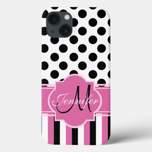 Monogrammed Pink Black White Striped  Dots iPhone 13 Case