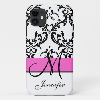 Monogrammed Pink Black White Swirls Damask Iphone 11 Case by DamaskGallery at Zazzle
