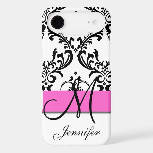 Monogrammed Pink Black White Swirls Damask Case-Mate iPhone Case (Back)