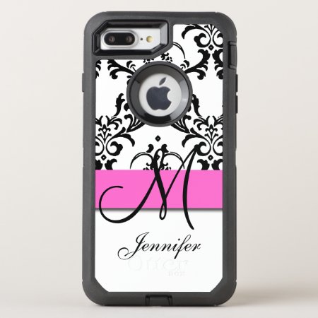 Monogrammed Pink Black White Swirls Damask Otterbox Defender Iphone 8 