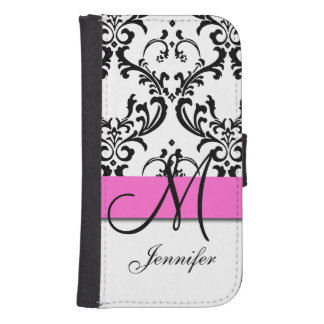 Monogrammed Pink Black White Swirls Damask Galaxy S4 Wallet Case