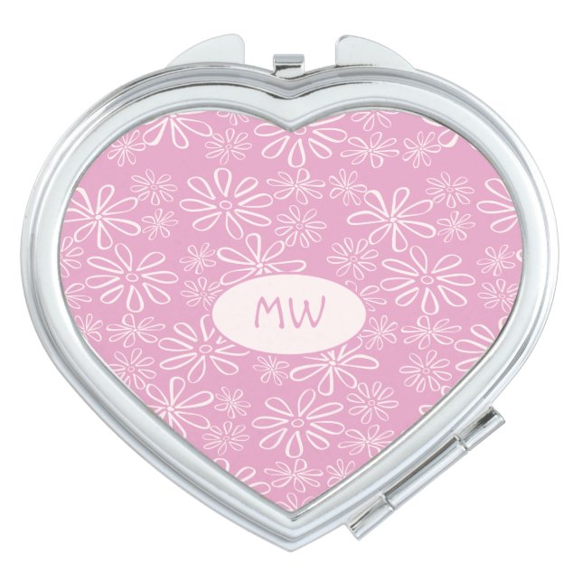 Monogrammed Pink Bloom Doodle  Compact Mirror (Front)