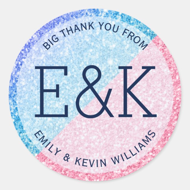 Monogrammed Pink & Blue Glitter Geometric Design Classic Round Sticker (Front)