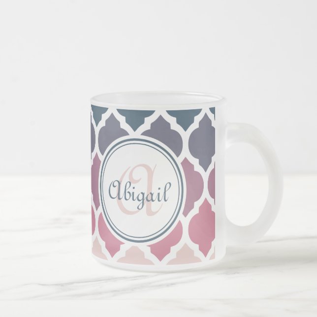 Monogrammed Pink Blue Moroccan Lattice Pattern Frosted Glass Coffee Mug (Right)