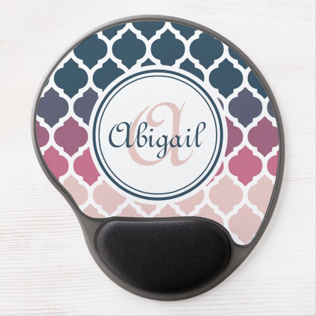 Monogrammed Pink Blue Moroccan Lattice Pattern Gel Mouse Pad (Front)