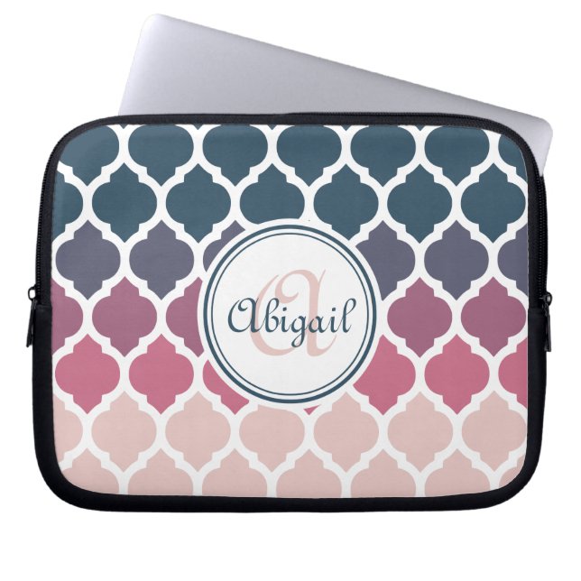 Monogrammed Pink Blue Moroccan Lattice Pattern Laptop Sleeve (Front)