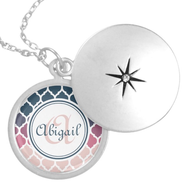 Monogrammed Pink Blue Moroccan Lattice Pattern Locket Necklace (Front)