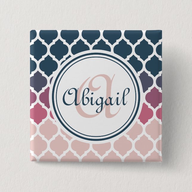 Monogrammed Pink Blue Moroccan Lattice Pattern Pinback Button (Front)
