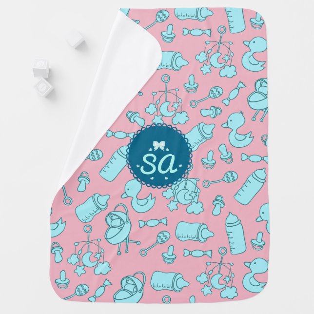 Monogrammed Pink & Blue Nursery Print Baby Blanket (In Situ)